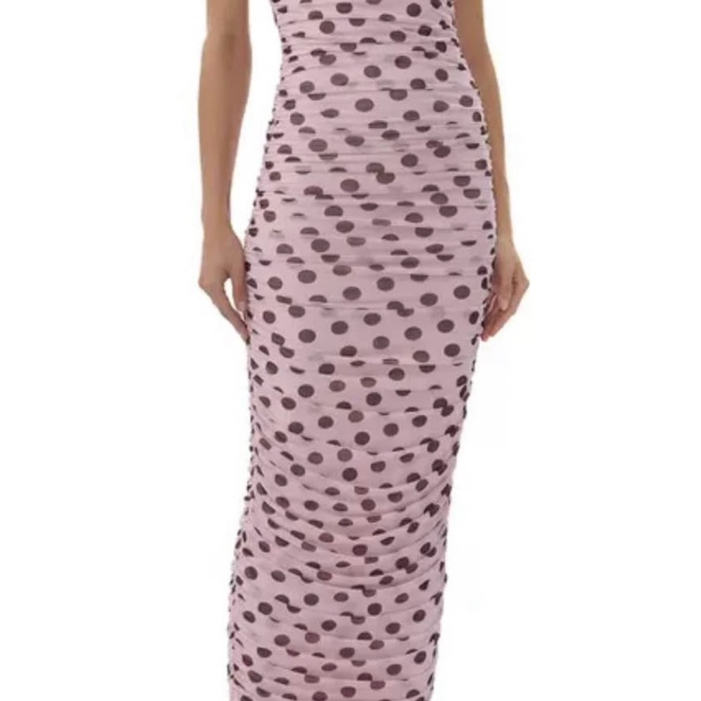 AFRM Pink Polka Dot Ruched Maxi Dress